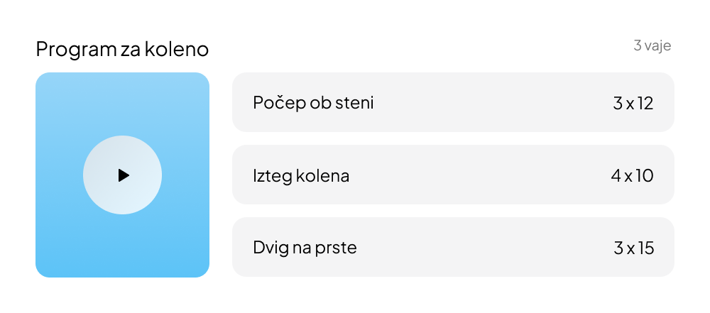 Program za koleno s tremi video vajami in določenimi ponovitvami